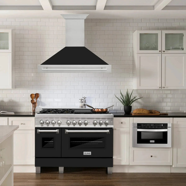 ZLINE 48" Autograph DuraSnow Black Matt Wall Range Hood 8654SNX-BLM-48, installed in a room