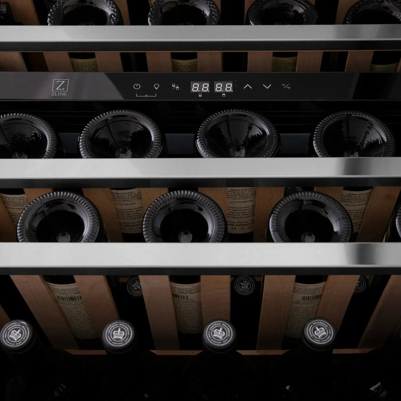 ZLINE 24" Autograph Edition Dual Zone 44-Bottle Wine Cooler in Stainless Steel with Wood Shelf and Champagne Bronze Accents RWV-UD-24-CB by Farmhouse Kitchen and Bath