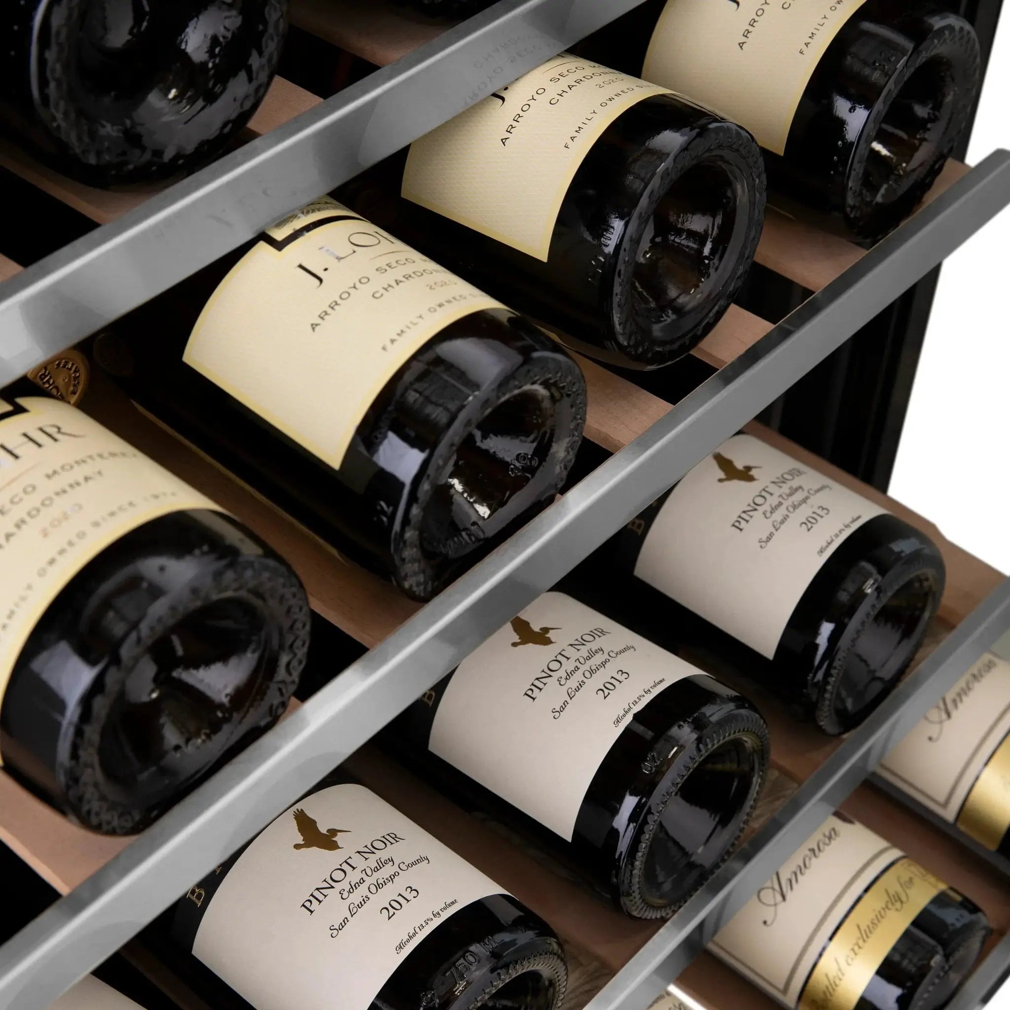ZLINE 24" Autograph Edition Dual Zone 44-Bottle Wine Cooler in Stainless Steel with Wood Shelf and Champagne Bronze Accents RWV-UD-24-CB by Farmhouse Kitchen and Bath