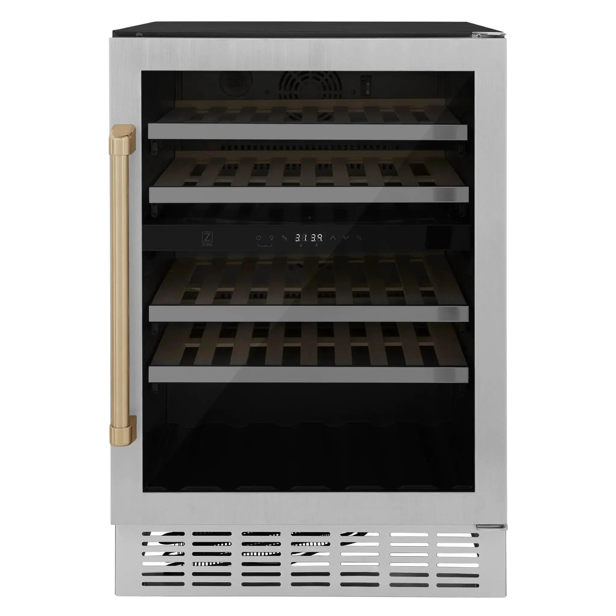 ZLINE 24" Autograph Edition Dual Zone 44-Bottle Wine Cooler in Stainless Steel with Wood Shelf and Champagne Bronze Accents RWV-UD-24-CB by Farmhouse Kitchen and Bath