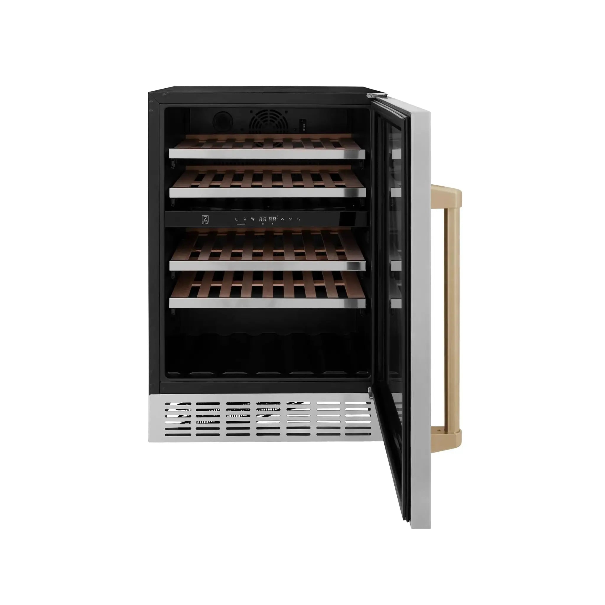 ZLINE 24" Autograph Edition Dual Zone 44-Bottle Wine Cooler in Stainless Steel with Wood Shelf and Champagne Bronze Accents RWV-UD-24-CB by Farmhouse Kitchen and Bath