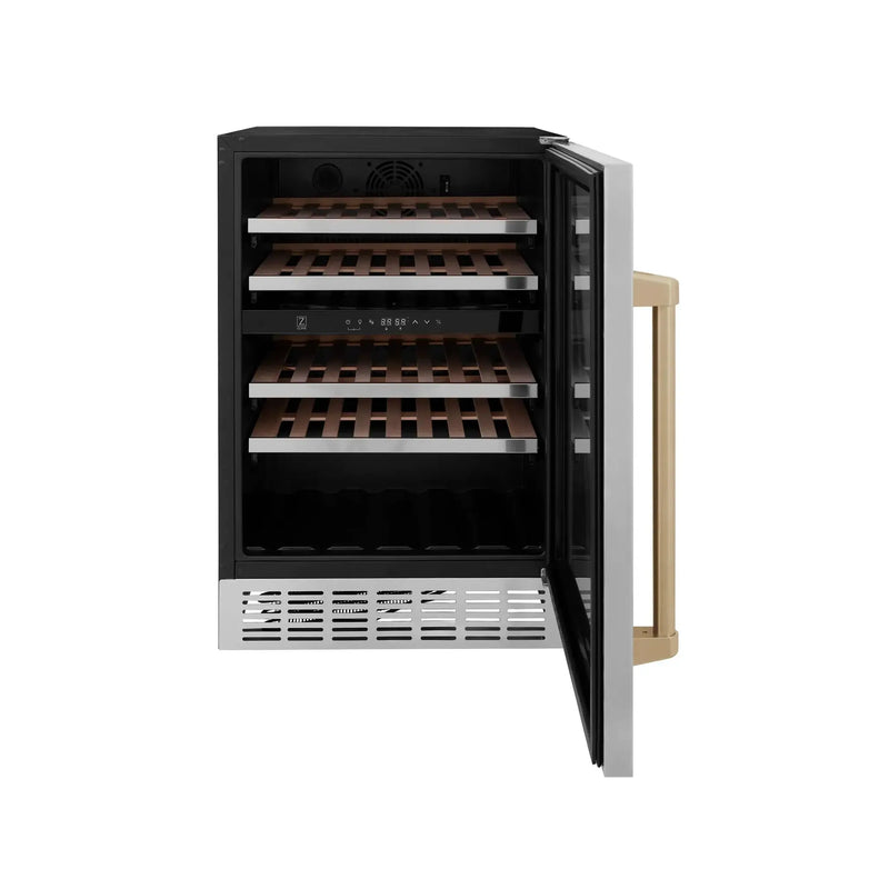 ZLINE 24" Autograph Edition Dual Zone 44-Bottle Wine Cooler in Stainless Steel with Wood Shelf and Champagne Bronze Accents RWV-UD-24-CB by Farmhouse Kitchen and Bath