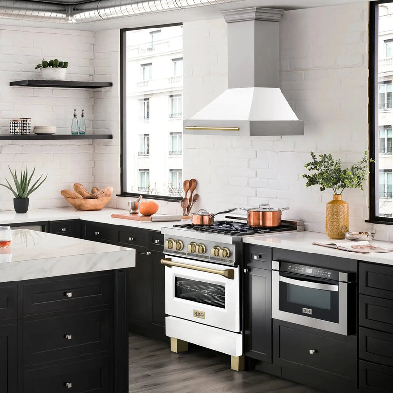ZLINE 30" Autograph Stainless Wall Range Hood, White, 8654STZ-WM30-G by Farmhouse Kitchen and Bath