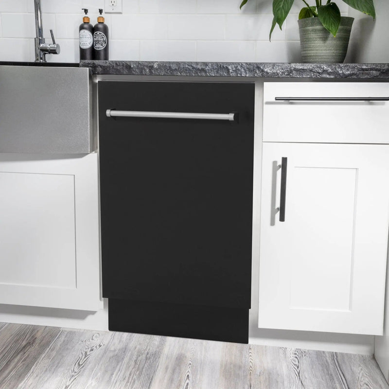 ZLINE 18" Dishwasher in Black matt panel, Stainless Tub, DWV-BLM-18 by Farmhouse Kitchen and Bath
