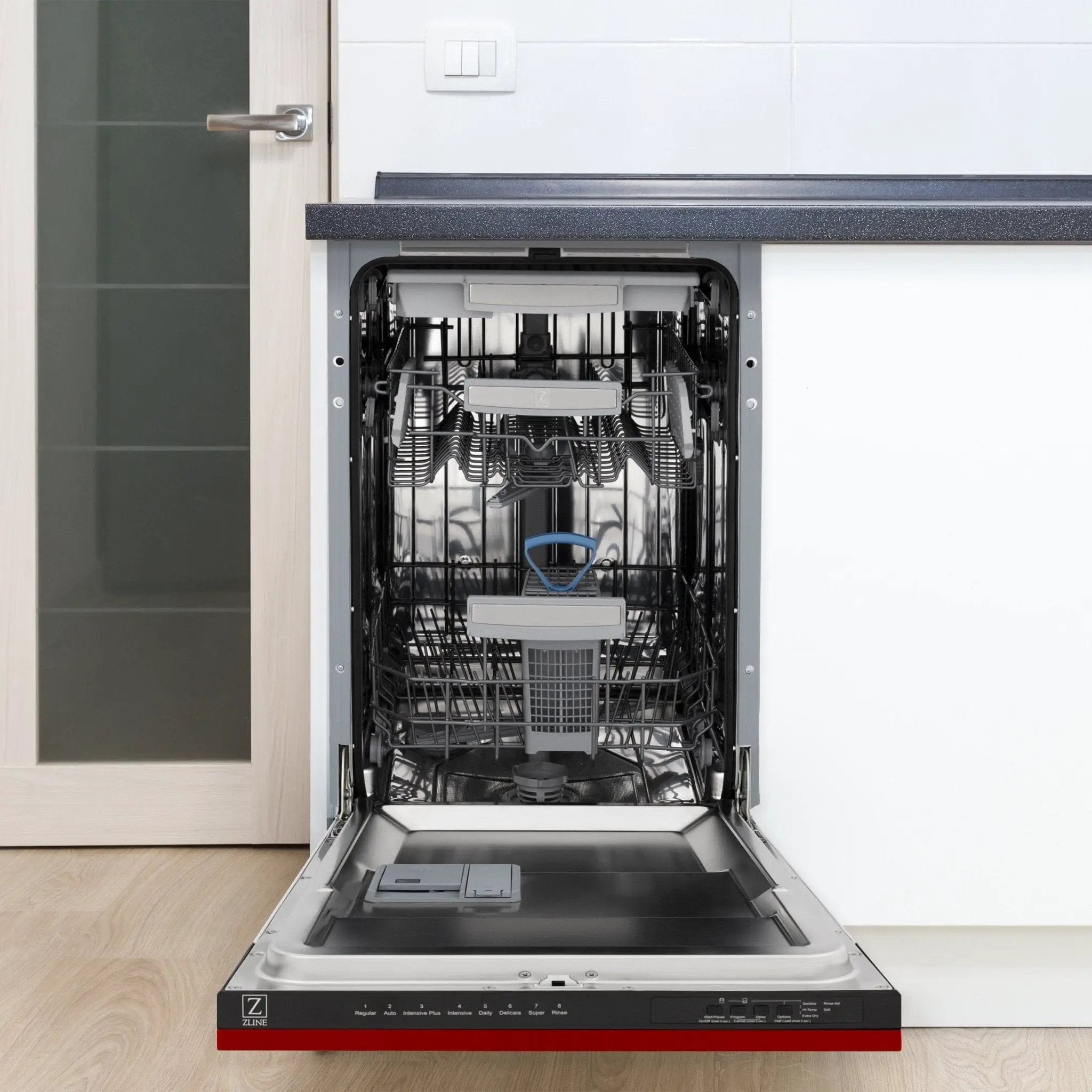 ZLINE 18" Dishwasher, Red Gloss panel, Stainless Tub, DWV-RG-18 by Farmhouse Kitchen and Bath
