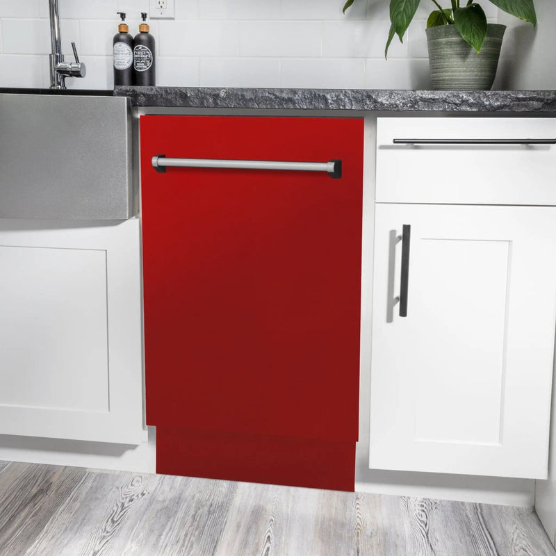 ZLINE 18" Dishwasher, Red Matt panel, Stainless Tub, DWV-RM-18 by Farmhouse Kitchen and Bath