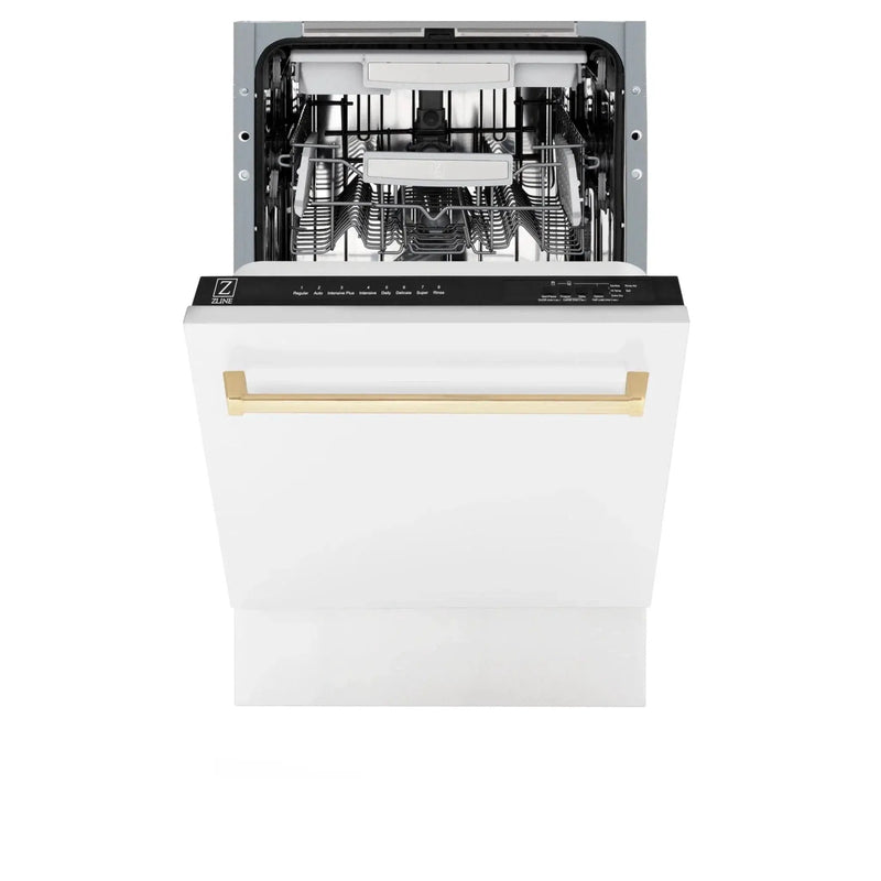 ZLINE 18"Autograph Dishwasher, White door, Gold Handle, DWVZ-WM-18-G by Farmhouse Kitchen and Bath