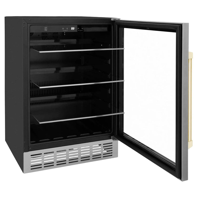 ZLINE 24" Autograph Edition 154 Can Beverage Cooler Fridge with Adjustable Shelves in Stainless Steel with Gold Accents RBVZ-US-24-G by Farmhouse Kitchen and Bath