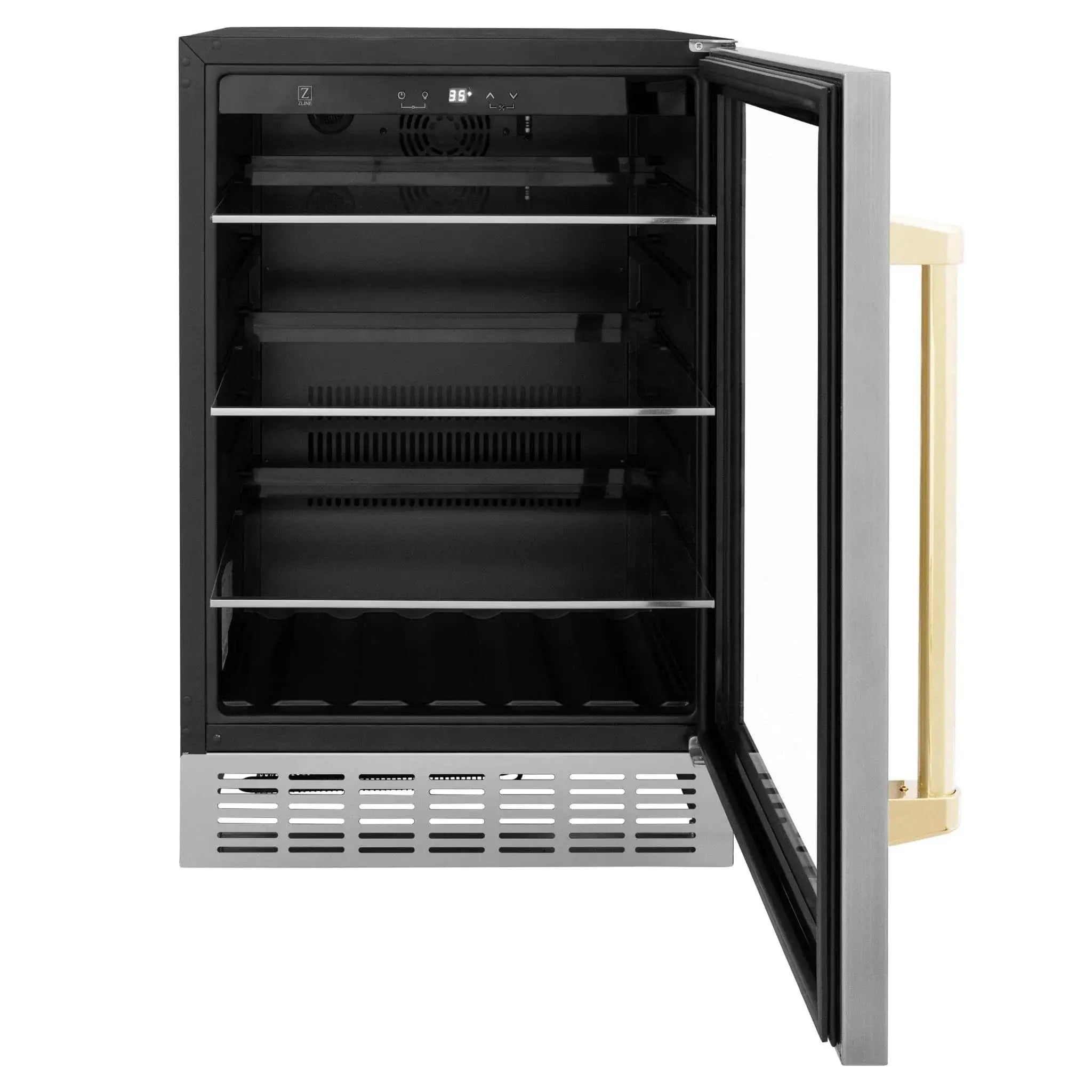ZLINE 24" Autograph Edition 154 Can Beverage Cooler Fridge with Adjustable Shelves in Stainless Steel with Gold Accents RBVZ-US-24-G by Farmhouse Kitchen and Bath