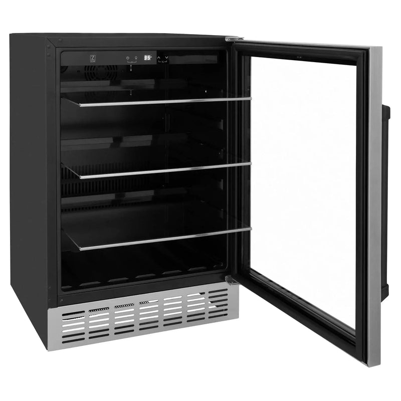 ZLINE 24" Autograph Edition 154 Can Beverage Cooler Fridge with Adjustable Shelves in Stainless Steel with Matte Black Accents RBVZ-US-24-MB by Farmhouse Kitchen and Bath