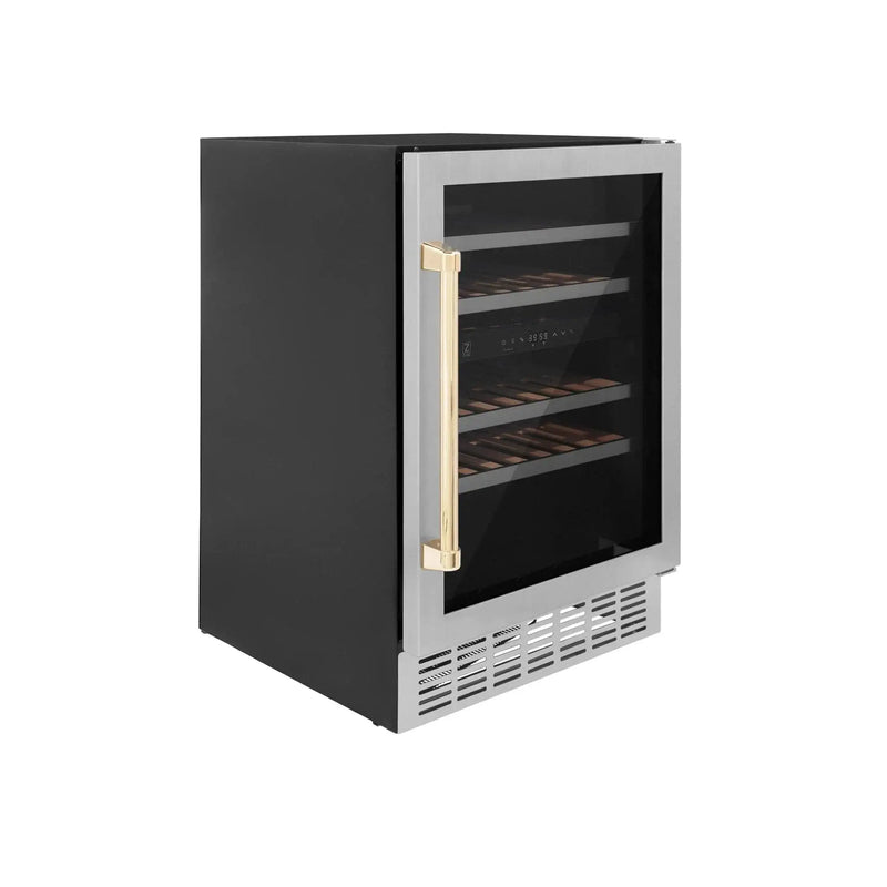 ZLINE 24" Autograph Edition Dual Zone 44-Bottle Wine Cooler in Stainless Steel with Wood Shelf and Gold Accents RWVZ-UD-24-G by Farmhouse Kitchen and Bath