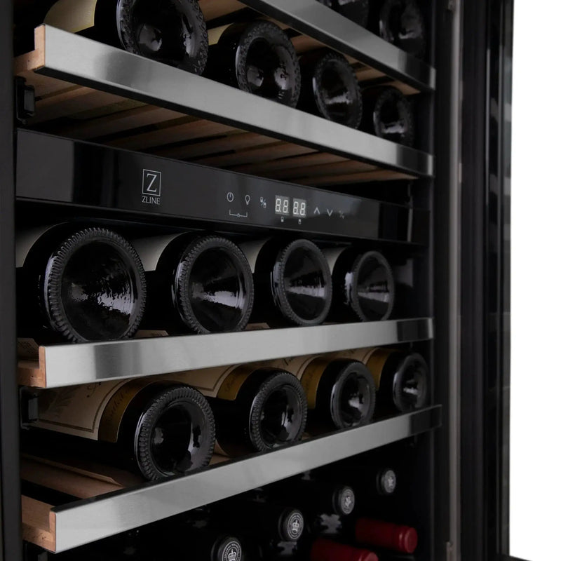 ZLINE 24" Autograph Edition Dual Zone 44-Bottle Wine Cooler in Stainless Steel with Wood Shelf and Gold Accents RWVZ-UD-24-G by Farmhouse Kitchen and Bath
