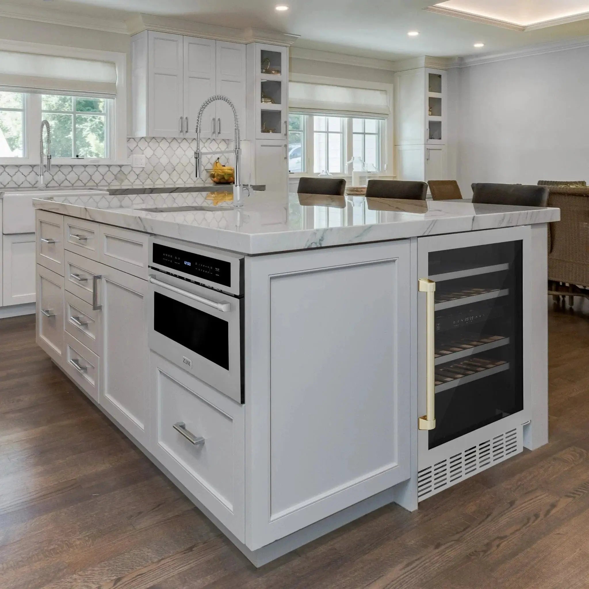 ZLINE 24" Autograph Edition Dual Zone 44-Bottle Wine Cooler in Stainless Steel with Wood Shelf and Gold Accents RWVZ-UD-24-G by Farmhouse Kitchen and Bath