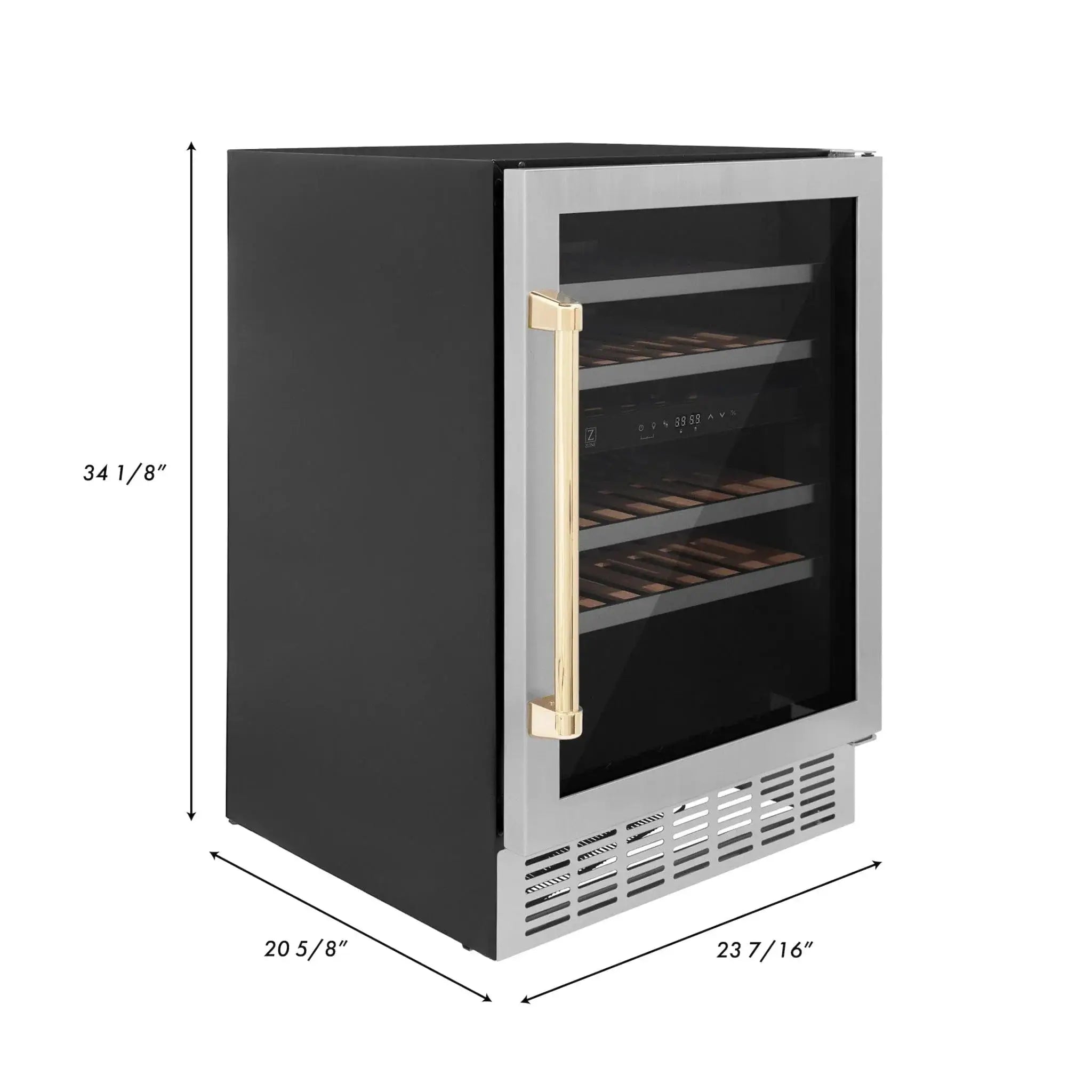 ZLINE 24" Autograph Edition Dual Zone 44-Bottle Wine Cooler in Stainless Steel with Wood Shelf and Gold Accents RWVZ-UD-24-G by Farmhouse Kitchen and Bath