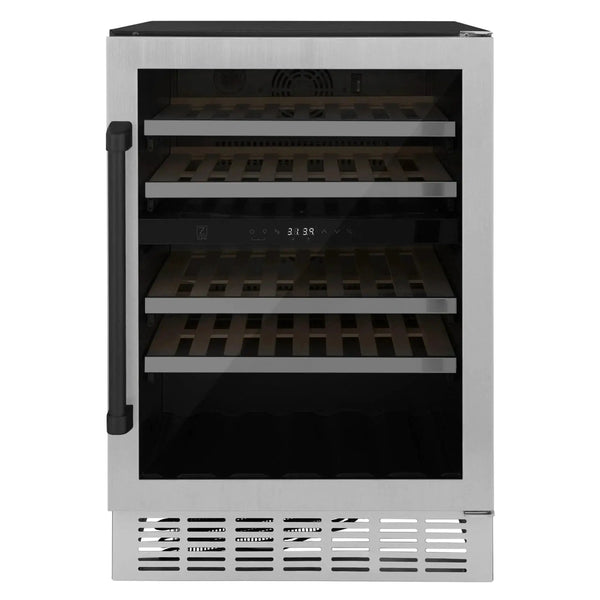 ZLINE 24" Autograph Edition Dual Zone 44-Bottle Wine Cooler in Stainless Steel with Wood Shelf and Matte Black Accents RWVZ-UD-24-MB