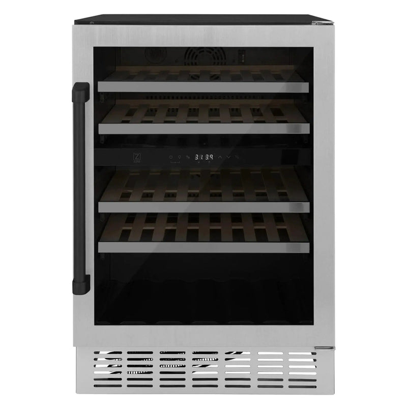 ZLINE 24" Autograph Edition Dual Zone 44-Bottle Wine Cooler in Stainless Steel with Wood Shelf and Matte Black Accents RWVZ-UD-24-MB by Farmhouse Kitchen and Bath