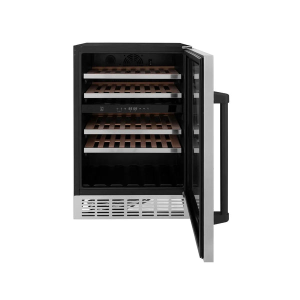 ZLINE 24" Autograph Edition Dual Zone 44-Bottle Wine Cooler in Stainless Steel with Wood Shelf and Matte Black Accents RWVZ-UD-24-MB, photo 2 of 14