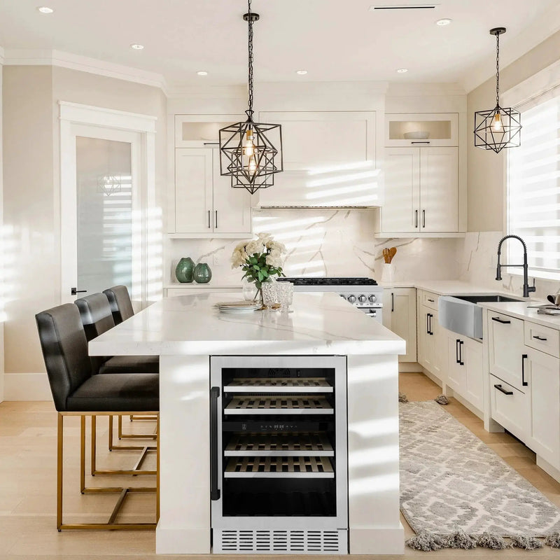 ZLINE 24" Autograph Edition Dual Zone 44-Bottle Wine Cooler in Stainless Steel with Wood Shelf and Matte Black Accents RWVZ-UD-24-MB by Farmhouse Kitchen and Bath
