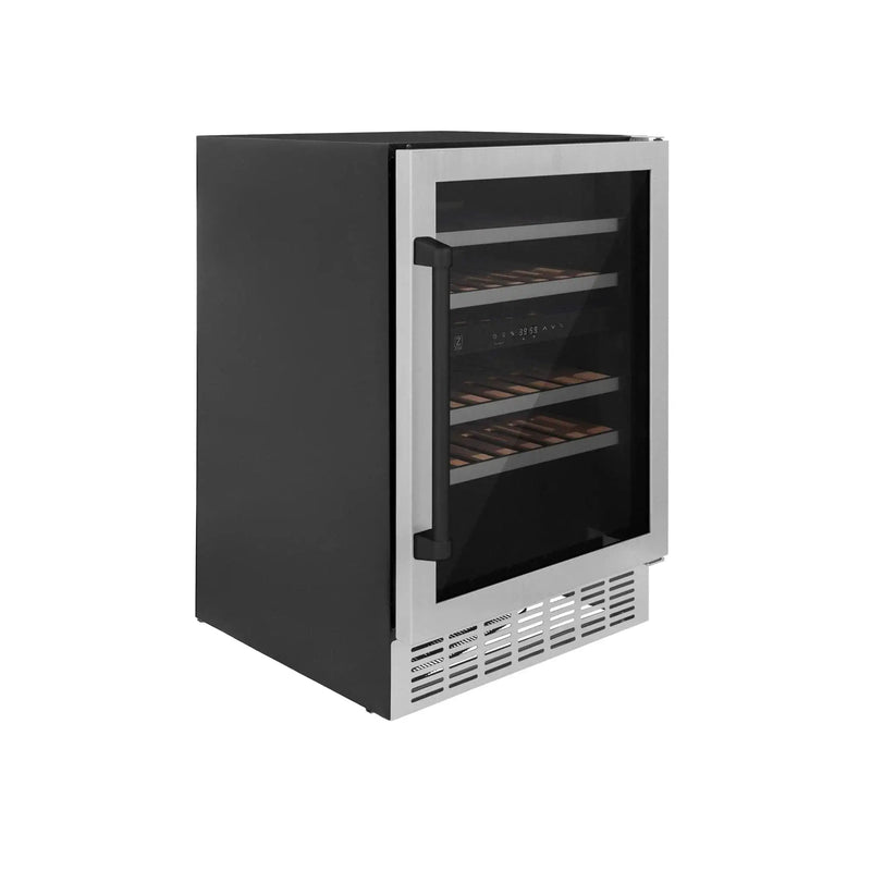 ZLINE 24" Autograph Edition Dual Zone 44-Bottle Wine Cooler in Stainless Steel with Wood Shelf and Matte Black Accents RWVZ-UD-24-MB by Farmhouse Kitchen and Bath