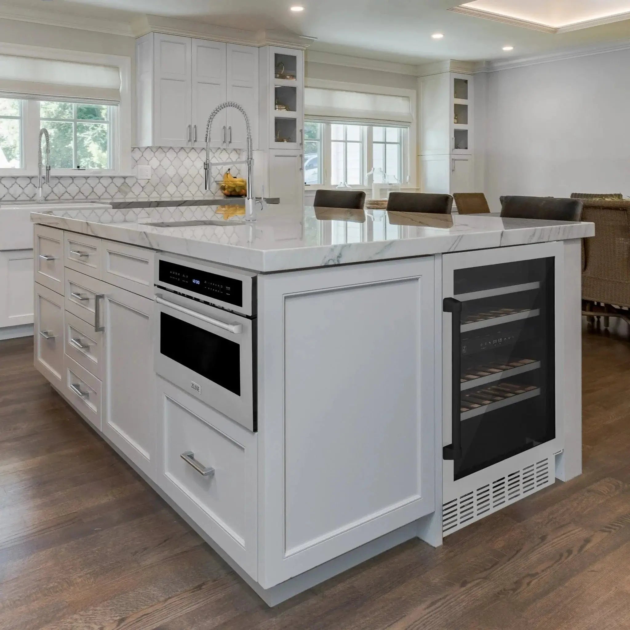 ZLINE 24" Autograph Edition Dual Zone 44-Bottle Wine Cooler in Stainless Steel with Wood Shelf and Matte Black Accents RWVZ-UD-24-MB by Farmhouse Kitchen and Bath