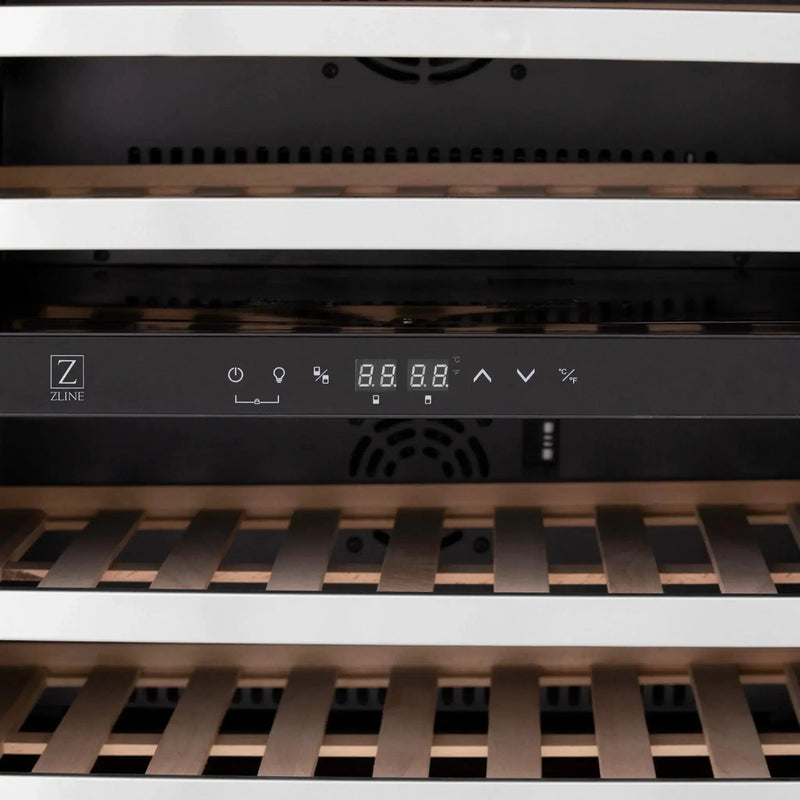 ZLINE 24" Autograph Edition Dual Zone 44-Bottle Wine Cooler in Stainless Steel with Wood Shelf and Matte Black Accents RWVZ-UD-24-MB by Farmhouse Kitchen and Bath