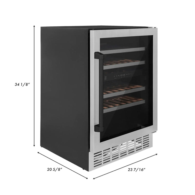 ZLINE 24" Autograph Edition Dual Zone 44-Bottle Wine Cooler in Stainless Steel with Wood Shelf and Matte Black Accents RWVZ-UD-24-MB by Farmhouse Kitchen and Bath