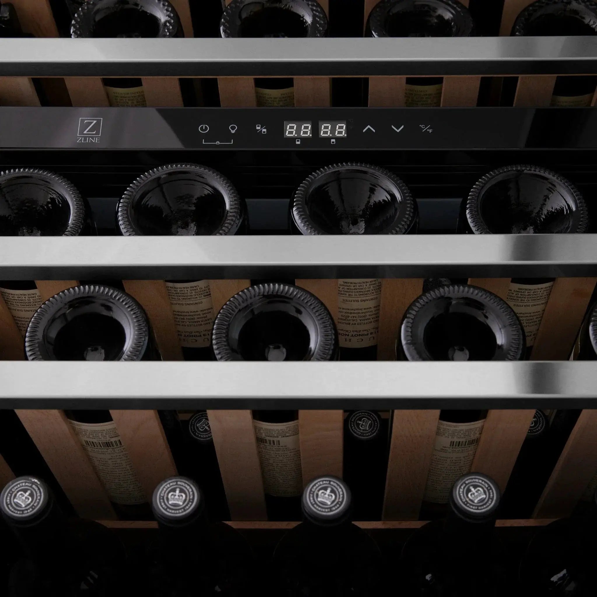 ZLINE 24" Autograph Edition Dual Zone 44-Bottle Wine Cooler in Stainless Steel with Wood Shelf and Matte Black Accents RWVZ-UD-24-MB by Farmhouse Kitchen and Bath