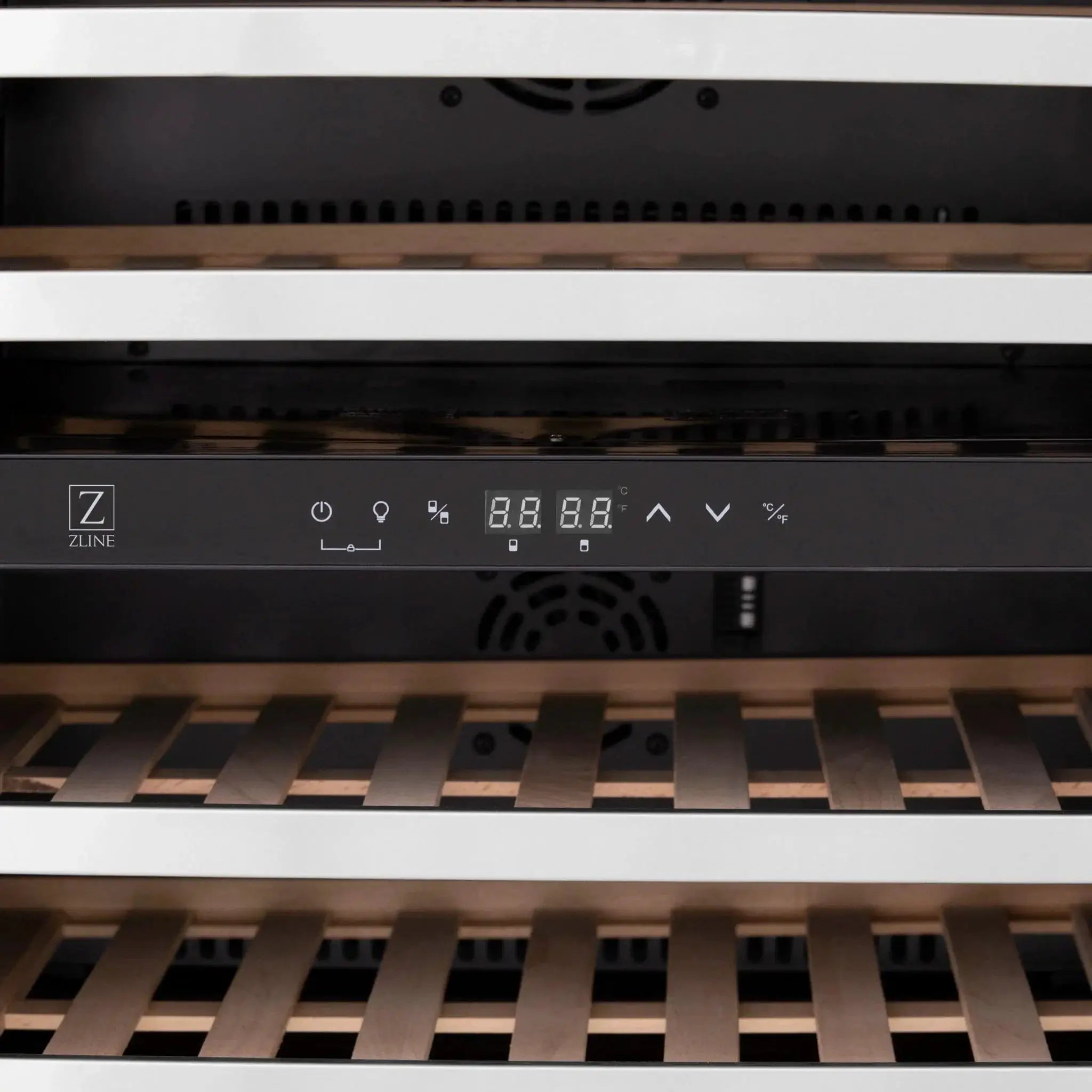 ZLINE 24" Dual Zone 44-Bottle Wine Cooler in Stainless Steel with Wood Shelf RWV-UD-24 by Farmhouse Kitchen and Bath