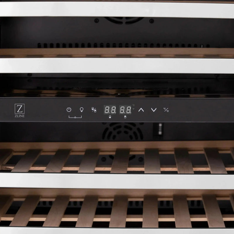 ZLINE 24" Dual Zone 44-Bottle Wine Cooler in Stainless Steel with Wood Shelf RWV-UD-24 by Farmhouse Kitchen and Bath