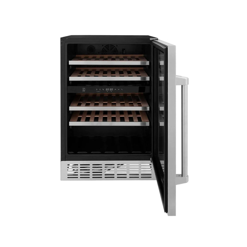 ZLINE 24" Dual Zone 44-Bottle Wine Cooler in Stainless Steel with Wood Shelf RWV-UD-24 by Farmhouse Kitchen and Bath