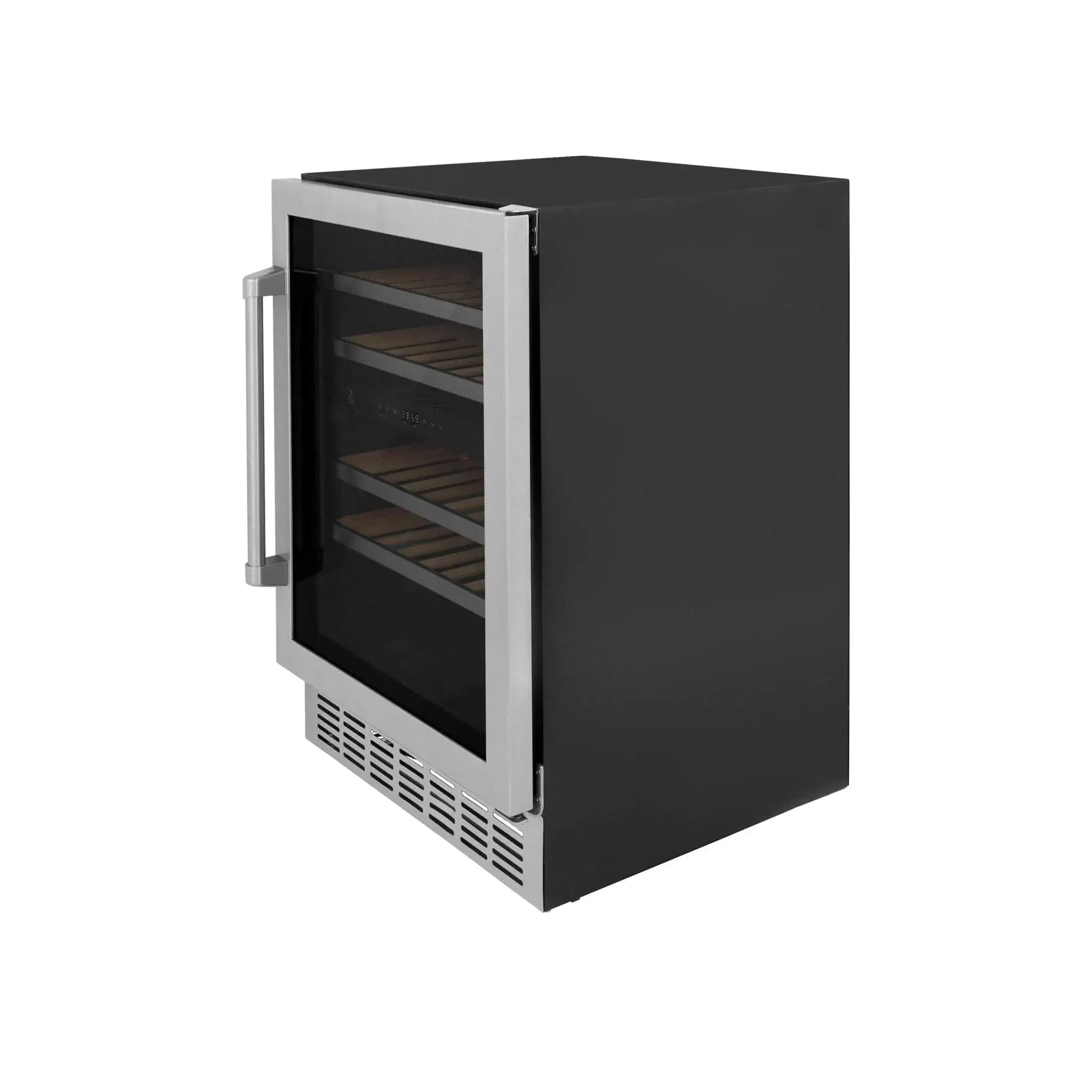 ZLINE 24" Dual Zone 44-Bottle Wine Cooler in Stainless Steel with Wood Shelf RWV-UD-24 by Farmhouse Kitchen and Bath
