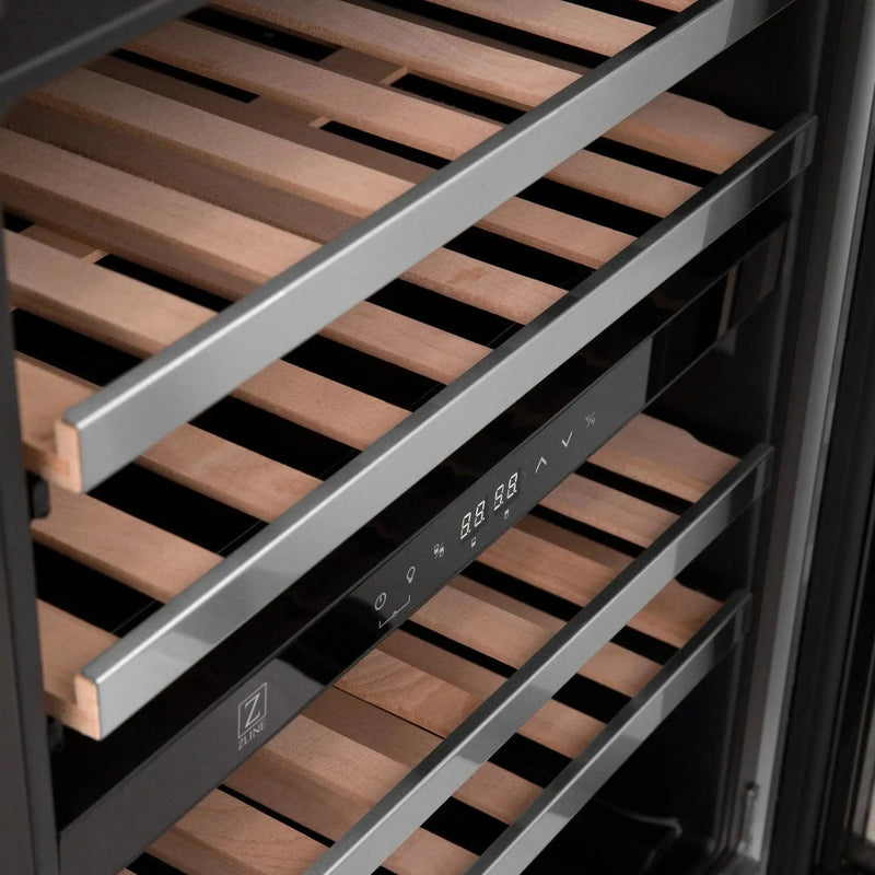 ZLINE 24" Dual Zone 44-Bottle Wine Cooler in Stainless Steel with Wood Shelf RWV-UD-24 by Farmhouse Kitchen and Bath