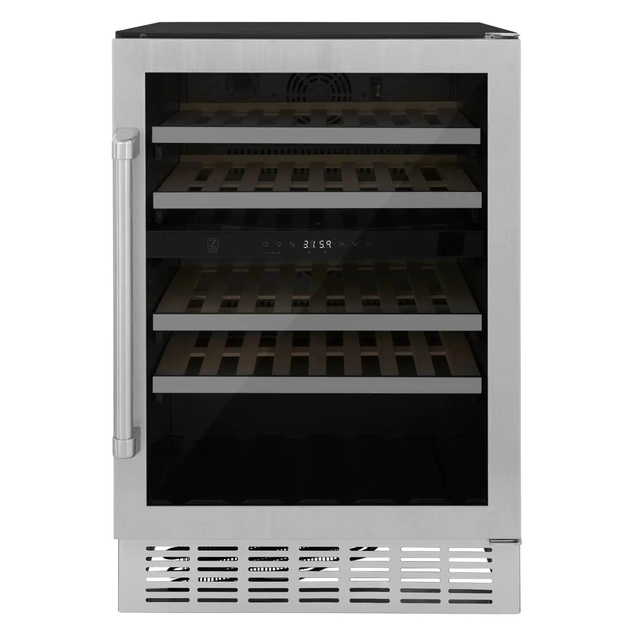 ZLINE 24" Dual Zone 44-Bottle Wine Cooler in Stainless Steel with Wood Shelf RWV-UD-24 by Farmhouse Kitchen and Bath