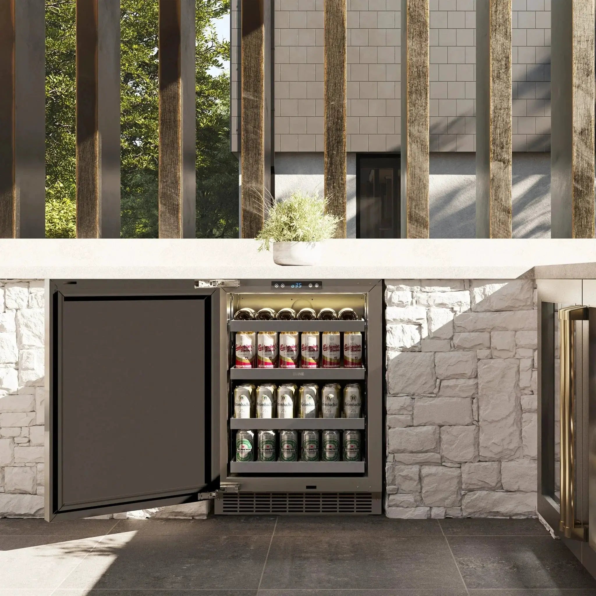 ZLINE 24 in. Touchstone Beverage Fridge, Solid Stainless Door, Polished Gold Handle RBSOZ-ST-24-G by Farmhouse Kitchen and Bath