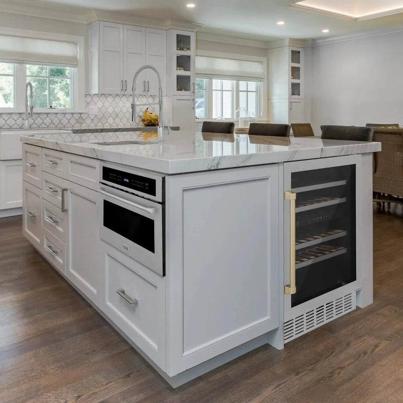 ZLINE 24" Monument Autograph Edition Dual Zone 44-Bottle Wine Cooler in Stainless Steel with Champagne Bronze Accents RWVZ-UD-24-CB by Farmhouse Kitchen and Bath