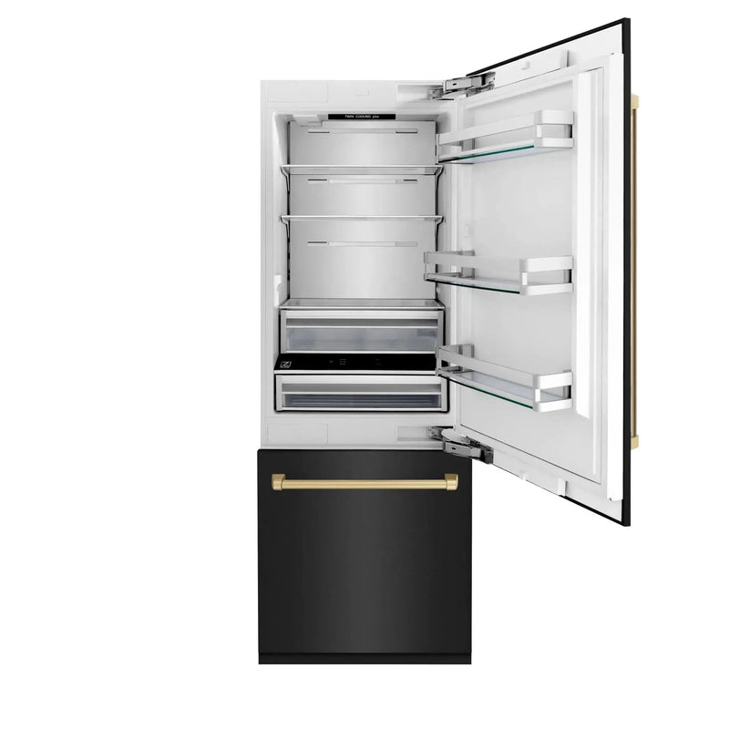 ZLINE 30" Autograph 16.1 cu. ft. 2-Door Bottom Freezer Fridge Water/Ice Dispenser Black Stainless Steel Champagne Bronze Accents RBIVZ-BS-30-CB by Farmhouse Kitchen and Bath