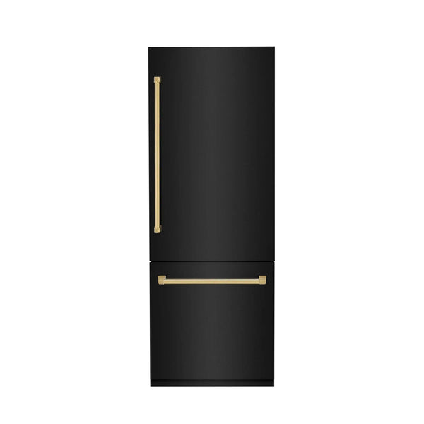 ZLINE 30" Autograph 16.1 cu. ft. 2-Door Bottom Freezer Fridge Water/Ice Dispenser Black Stainless Steel Gold Accents RBIVZ-BS-30-G