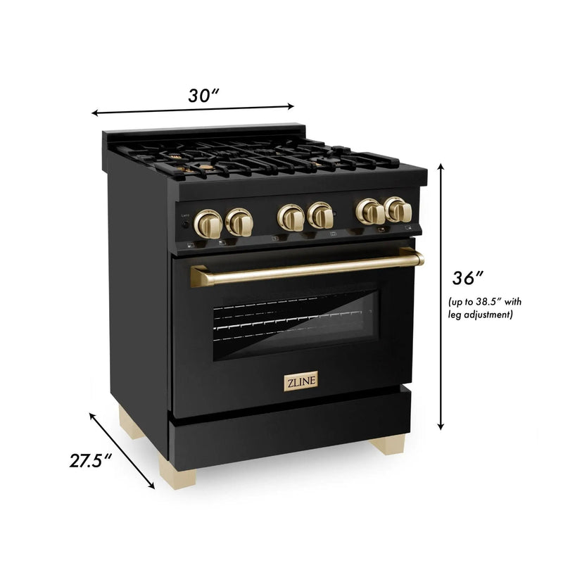 ZLINE 30" Autograph Dual Fuel Range, Black Stainless, Gold, RABZ-30-G by Farmhouse Kitchen and Bath