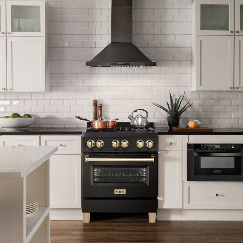 ZLINE 30" Autograph Dual Fuel Range, Black Stainless, Gold, RABZ-30-G by Farmhouse Kitchen and Bath