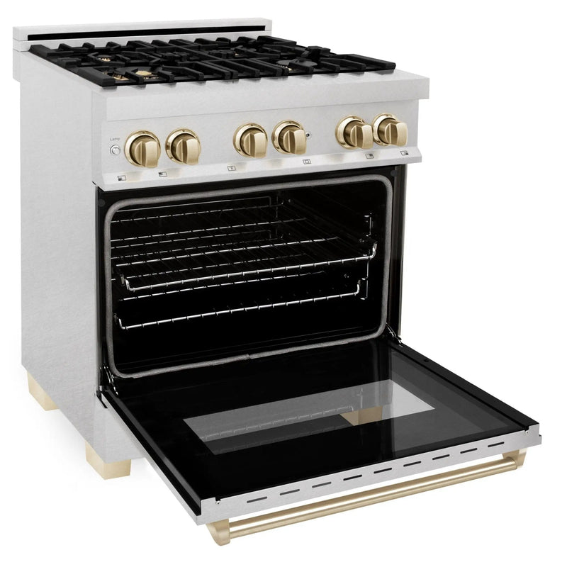 ZLINE 30" Autograph Dual Fuel Range, DuraSnow Stainless, Gold, RASZ-SN-30-G by Farmhouse Kitchen and Bath