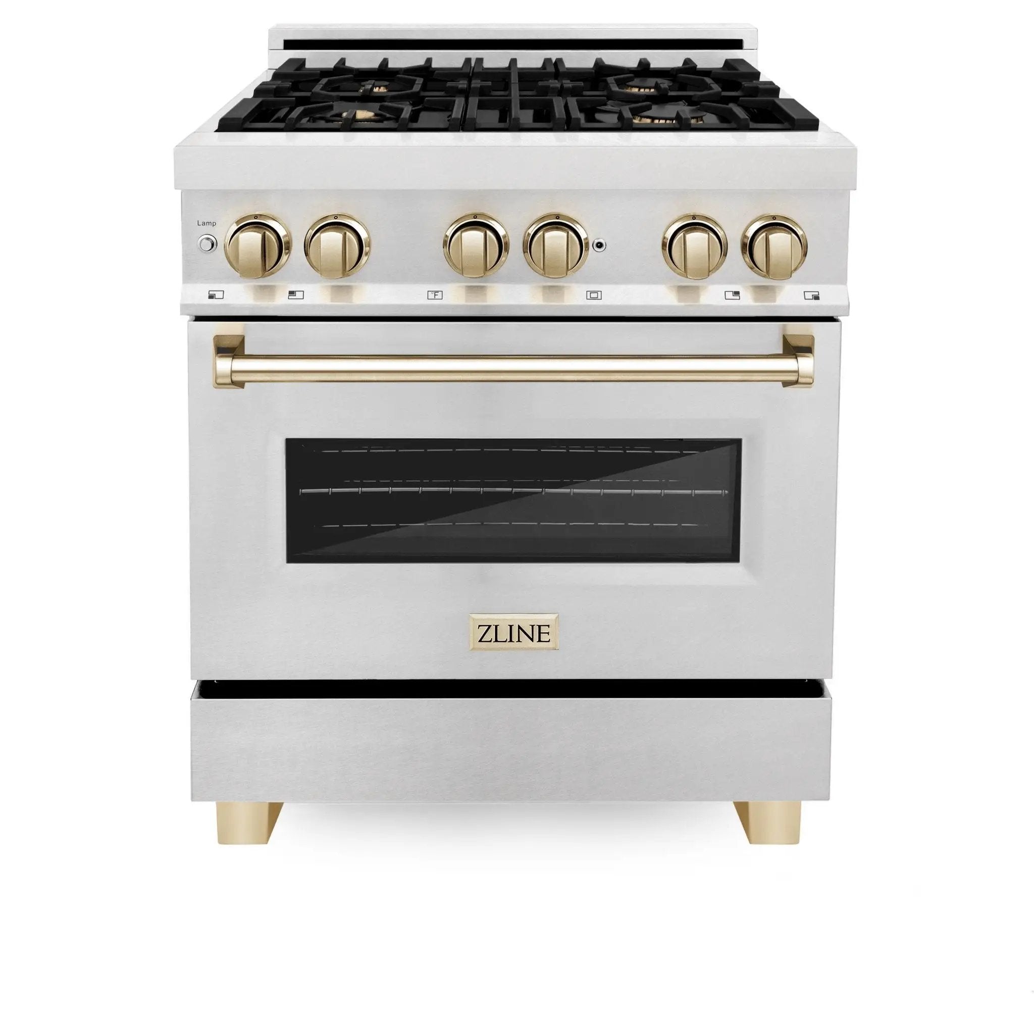 ZLINE 30" Autograph Dual Fuel Range, DuraSnow Stainless, Gold, RASZ-SN-30-G by Farmhouse Kitchen and Bath