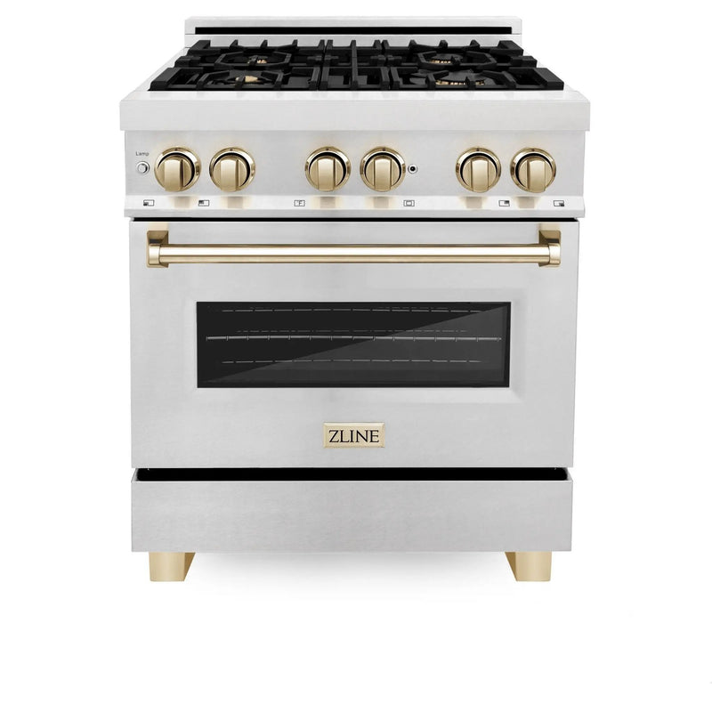 ZLINE 30" Autograph Dual Fuel Range, DuraSnow Stainless, Gold, RASZ-SN-30-G by Farmhouse Kitchen and Bath