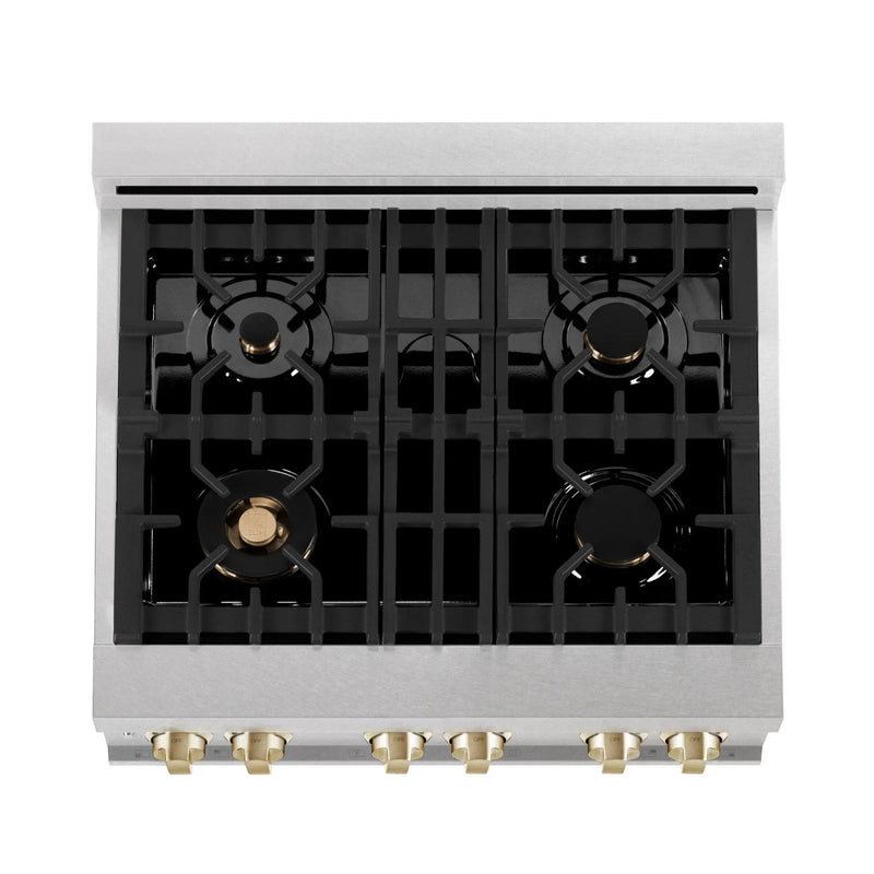 ZLINE 30" Autograph Dual Fuel Range, DuraSnow Stainless, Gold, RASZ-SN-30-G by Farmhouse Kitchen and Bath