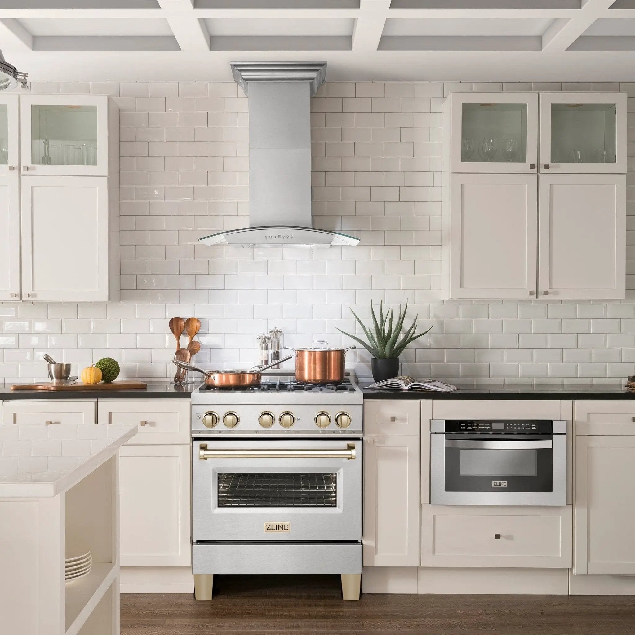 ZLINE 30" Autograph Dual Fuel Range, DuraSnow Stainless, Gold, RASZ-SN-30-G by Farmhouse Kitchen and Bath