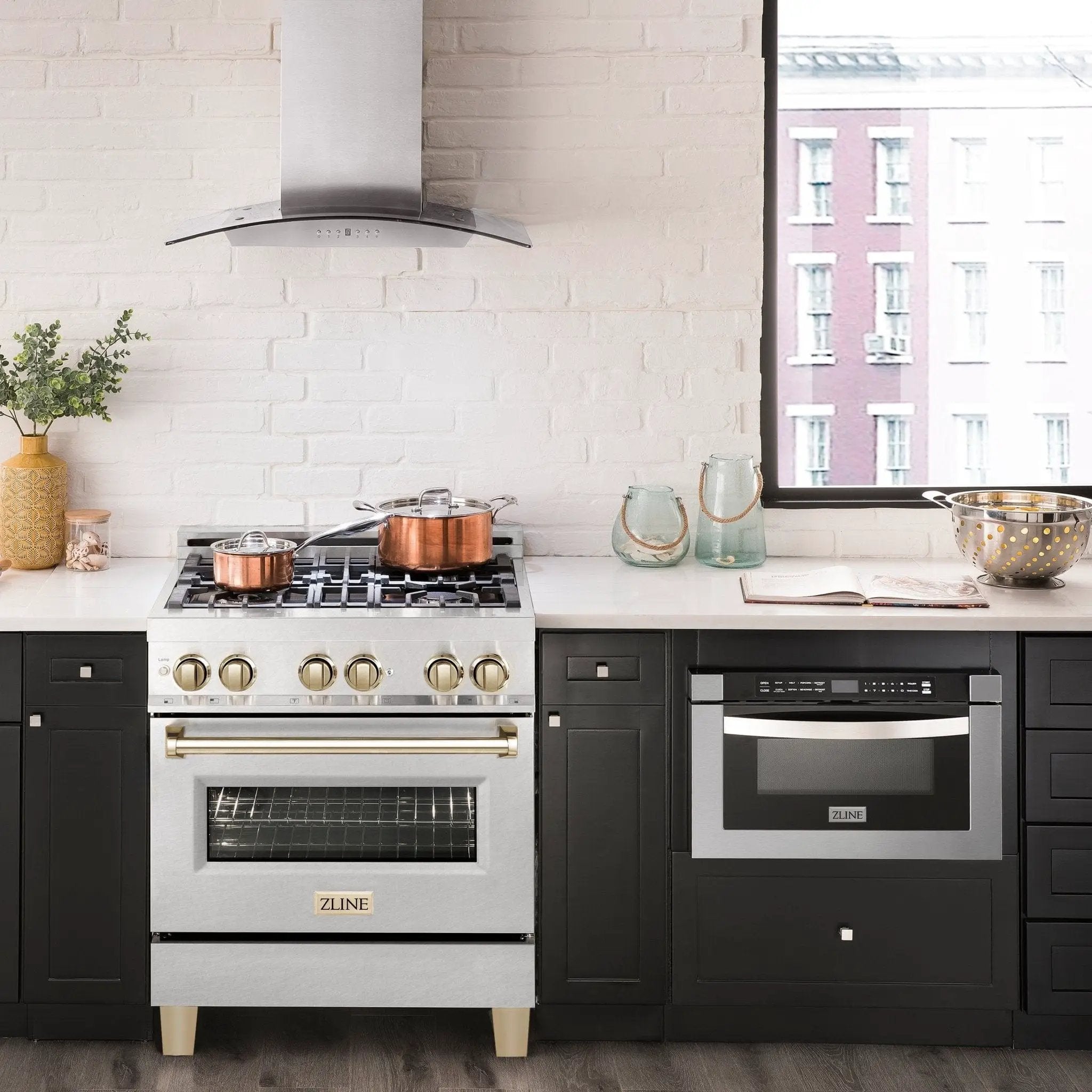 ZLINE 30" Autograph Dual Fuel Range, DuraSnow Stainless, Gold, RASZ-SN-30-G by Farmhouse Kitchen and Bath