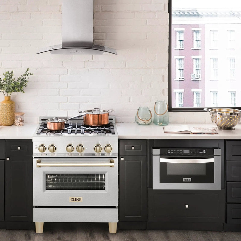 ZLINE 30" Autograph Dual Fuel Range, DuraSnow Stainless, Gold, RASZ-SN-30-G by Farmhouse Kitchen and Bath