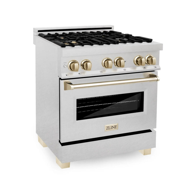 ZLINE 30" Autograph Dual Fuel Range, DuraSnow Stainless, Gold, RASZ-SN-30-G by Farmhouse Kitchen and Bath