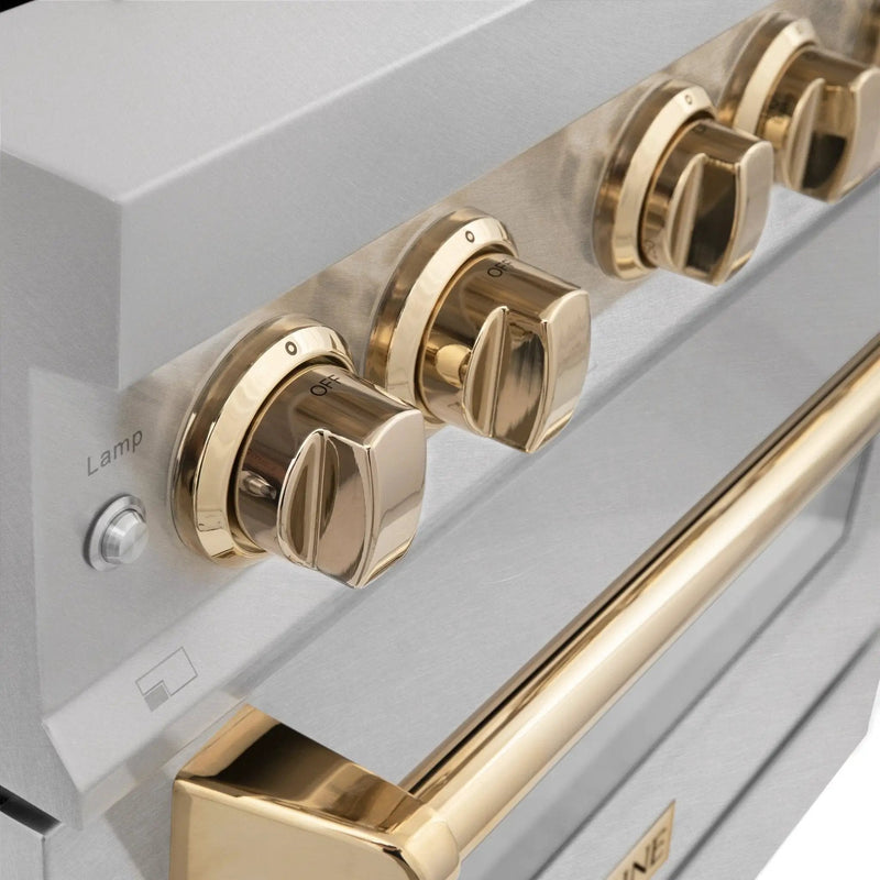 ZLINE 30" Autograph Dual Fuel Range, DuraSnow Stainless, Gold, RASZ-SN-30-G by Farmhouse Kitchen and Bath