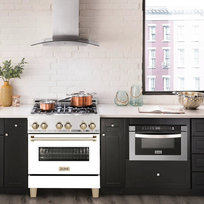 ZLINE 30" Autograph, Dual Fuel Range, White Door, Gold, RASZ-WM-30-G by Farmhouse Kitchen and Bath
