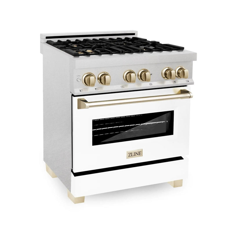 ZLINE 30" Autograph, Dual Fuel Range, White Door, Gold, RASZ-WM-30-G by Farmhouse Kitchen and Bath